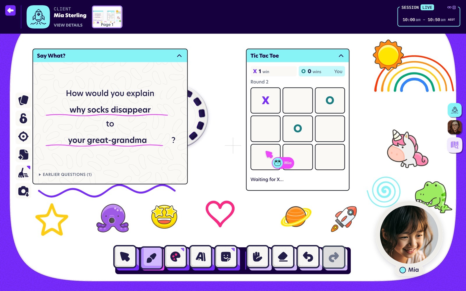 A live Pluto session: a Say What? question card, a game of tic-tac-toe and stickers, with the client's video in the corner and participant tiles on the right